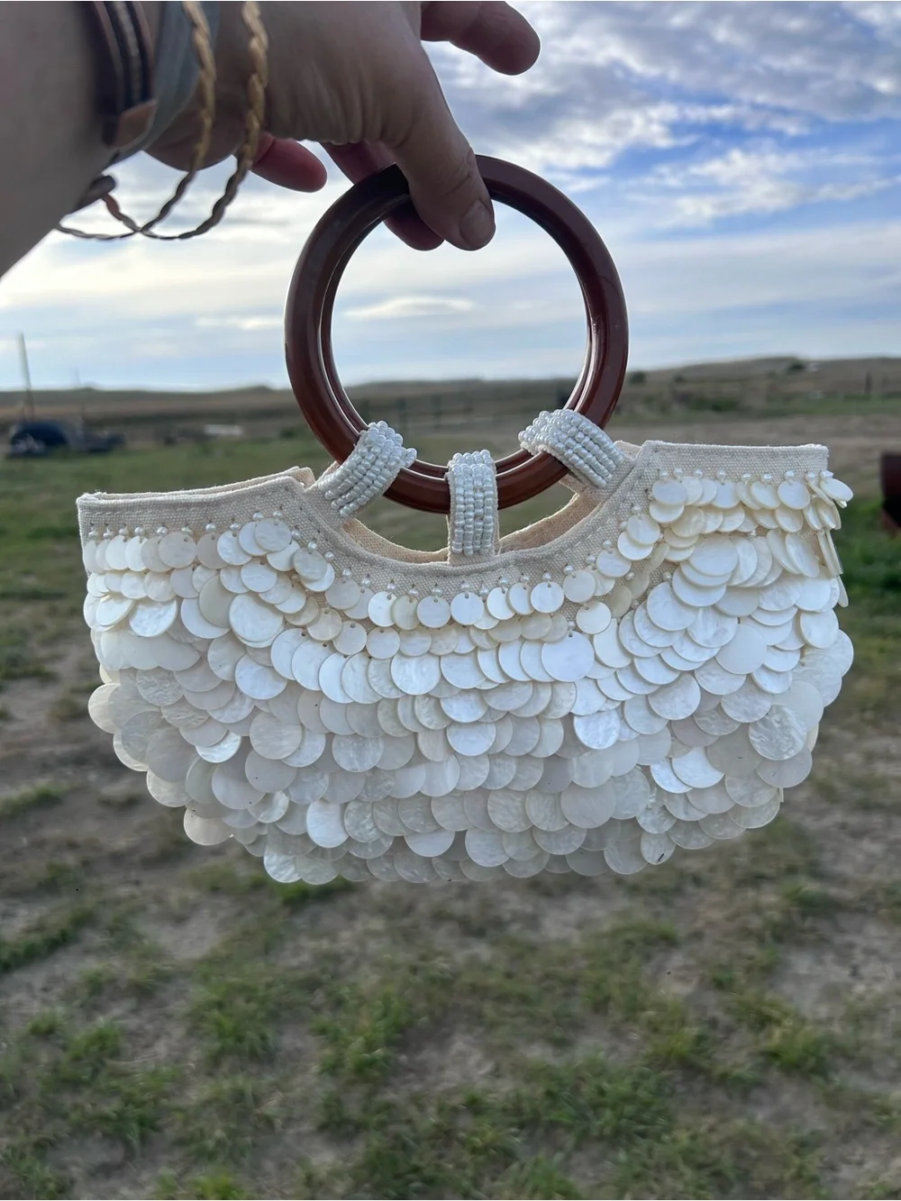 Cream Sequin Shell Wristlet with Brown Ring Handles